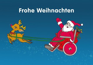 Auf der Grafik ist ein winkender Weihnachtsmann zu sehen. Passend zu der Logo-Farbe der WAG Assistenzgenossenschaft trägt er einen magenta-farbigen Weihnachtsmann-Anzug. Der Weihnachtsmann sitzt im Rollstuhl. Dieser wird von einem Rentier gezogen. Die leuchtende Nase des Rentieres ist auch magenta. Beide fliegen auf blauem Glitzerstaub durch die Nacht. Darüber steht Frohe Weihnachten geschrieben.