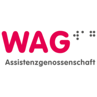 Logo der WAG. Magenta Schriftzug auf weißen Hintergrund. Mit WAG Braille-Schrift