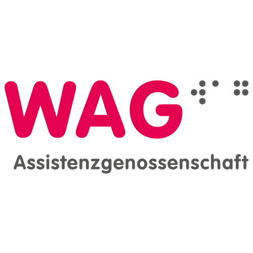 Logo der WAG. Magenta Schriftzug auf weißen Hintergrund. Mit WAG Braille-Schrift