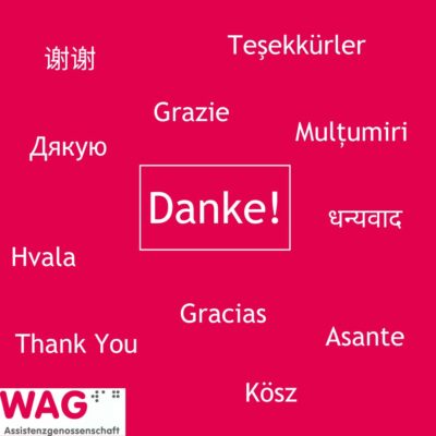 Danke in verschiedenen Sprachen auf Magenta-Hintergrund + WAG-Logo