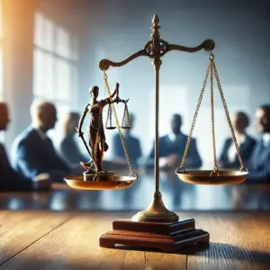 Waage mit Personen im Hintergrund. Justitia ist in der Waagschale.