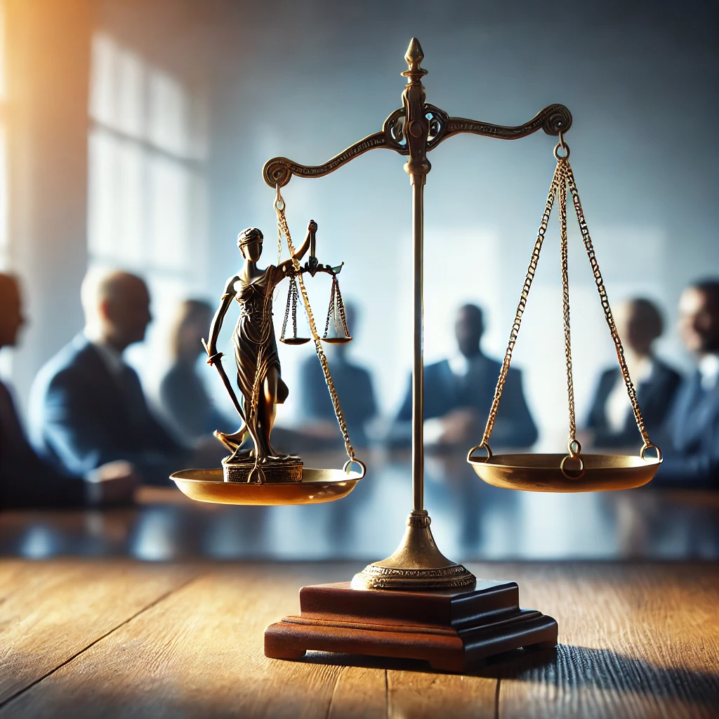Waage mit Personen im Hintergrund. Justitia ist in der Waagschale.