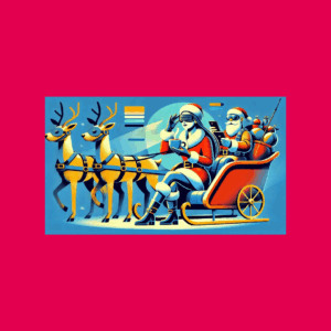 Bildbeschreibung: Die blinde Weihnachtsfrau bereitet alles vor für Weihnachten. Sie trägt coole schwarze Stiefel und Brille, einen kurzen roten Mantel und sitzt mit einer Tasse heißer Schokolade auf ihrem Schlitten. Hinter ihr ihr Persönlicher Assistent Santa Claus, der im Handy die Adressen kontrolliert und ins Navi eingibt. Die Rentiere sind besonders schnell, denn sie haben 6 Beine. Das Bild wurde mit Dall-e kreiert.