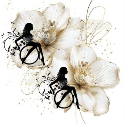 zwei stilisierte Elfen im Rollstuhl.