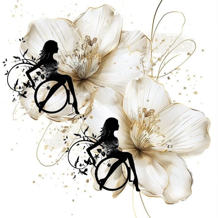 zwei stilisierte Elfen im Rollstuhl.