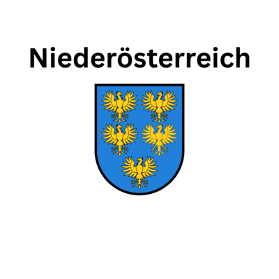 Wappen von Niederösterreich. 5 gelbe Adler auf blauem Hintergrund. darüber steht Niederösterreich